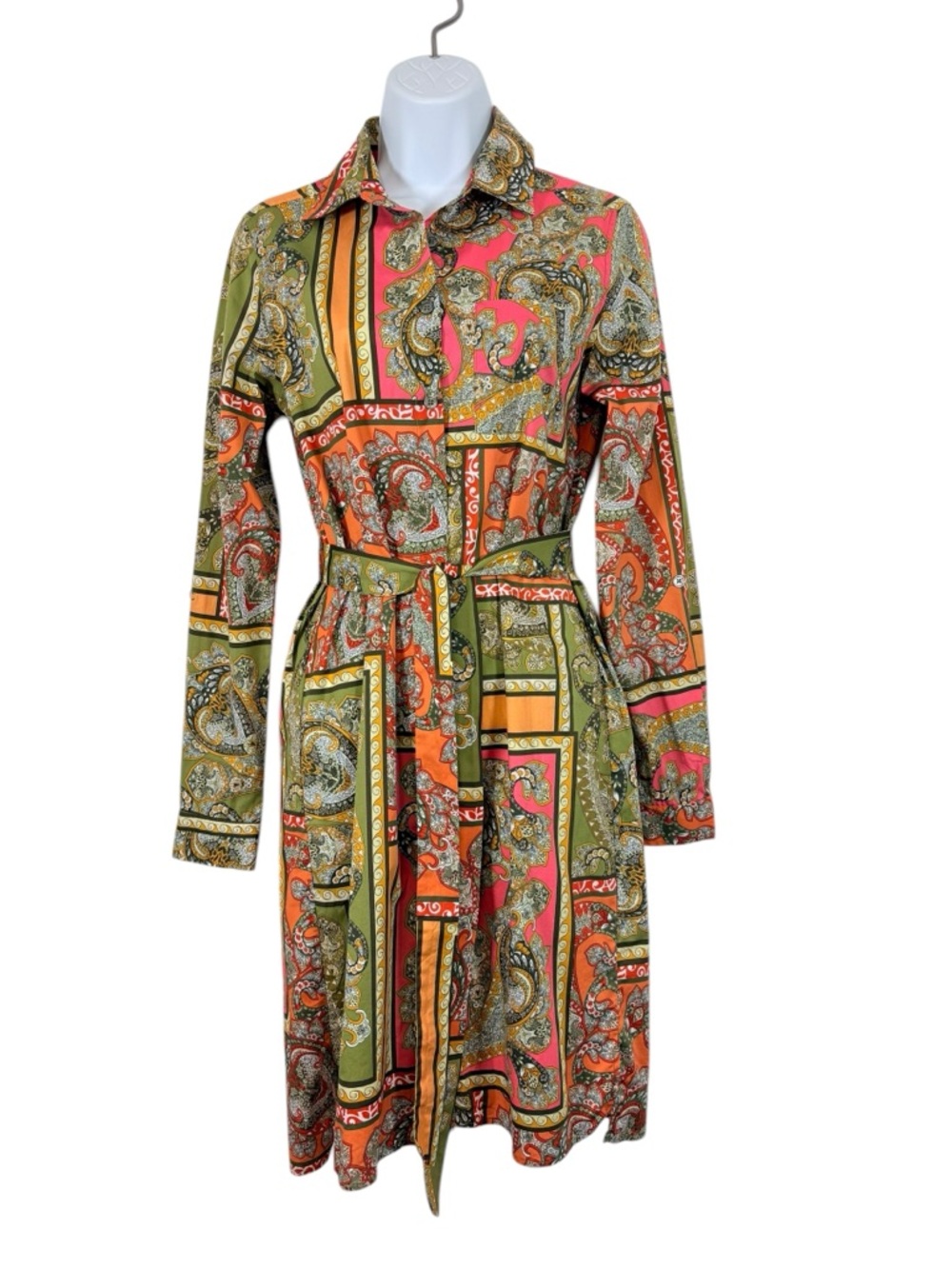 0039 Italy Luxury Paisley Belted Shirt Dress Cotton Designer Patchwork SzXS - Picture 2 of 12